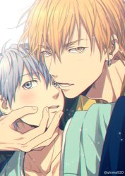 Rule 34 | 2boys, blonde hair, blue eyes, blue hair, blush, collarbone, commentary request, earrings, grey background, hair between eyes, hand on another&#039;s chin, japanese clothes, jewelry, kimono, kise ryouta, kuroko no basuke, kuroko tetsuya, light particles, looking at viewer, lower teeth only, male focus, mashima shima, multiple boys, open mouth, short hair, simple background, teeth, twitter username, upper body, upper teeth only, yaoi, yellow eyes, yukata