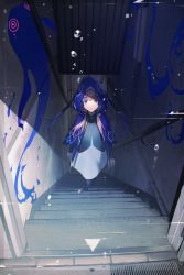 Rule 34 | 1girl, bubble, capelet, dress, expressionless, fish, from above, full body, hallway, hood, hood up, hooded capelet, kaf (kamitsubaki studio), kamitsubaki studio, long hair, looking at viewer, multicolored eyes, namakawa, pink hair, solo, stairs, twintails, virtual youtuber, yellow pupils
