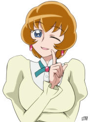Rule 34 | 10s, 1girl, ban keiko, blue eyes, breasts, brown hair, close-up, earrings, female focus, heartcatch precure!, itou yuuji, jewelry, large breasts, mature female, one eye closed, orange hair, pointing, precure, short hair, simple background, smile, solo, white background, wink