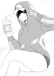 Rule 34 | 1girl, absurdres, baseball cap, crossed legs, cup, disposable cup, drinking straw, gucci, hat, highres, hood, hood up, hoodie, lips, looking at viewer, monochrome, norman maggot, office lady, olive laurentia, original, pixie cut, short hair, short shorts, shorts, sitting, solo, v