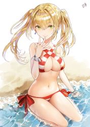 Rule 34 | 1girl, ahoge, artist name, bad id, bad pixiv id, beach, bead bracelet, beads, bikini, blonde hair, bracelet, breasts, cleavage, closed mouth, criss-cross halter, earrings, fate/grand order, fate (series), floating hair, green eyes, hair between eyes, hair intakes, halterneck, hand up, jewelry, kim eb, large breasts, long hair, looking at viewer, navel, nero claudius (fate), nero claudius (fate) (all), nero claudius (swimsuit caster) (fate), red bikini, seashell, seiza, shell, side-tie bikini bottom, signature, sitting, smile, solo, swimsuit, thighs, tsurime, twintails, white bikini, wind