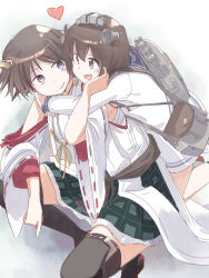 Rule 34 | 10s, 2girls, bare shoulders, black legwear, blue eyes, blush, boots, brown eyes, brown hair, detached sleeves, dress, hair ornament, hairband, headgear, heart, hiei (kancolle), highres, hug, hug from behind, japanese clothes, kantai collection, multiple girls, nontraditional miko, norata (artist), open mouth, personification, plaid, sailor dress, short hair, sitting, skirt, smile, thigh boots, thighhighs, torpedo, turret, yukikaze (kancolle)