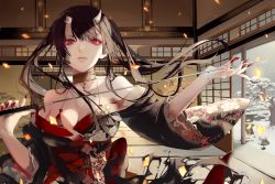 Rule 34 | 1girl, architecture, bare shoulders, bikini, bikini top only, black hair, breasts, cleavage, collar, east asian architecture, eyeshadow, facing viewer, fingernails, hair between eyes, halterneck, holding, holding sword, holding weapon, horns, indoors, japanese clothes, katana, kimono, large breasts, long hair, looking at viewer, makeup, nail polish, obi, off shoulder, oni, oni horns, original, parted lips, red eyes, red nails, sash, sharp fingernails, sliding doors, snowing, solo, standing, swimsuit, sword, tatami, tree, weapon, wide sleeves, yukisame