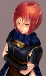 Rule 34 | 1girl, black dress, breasts, commentary request, dress, gloves, highres, looking at viewer, nel zelpher, ramosnakamura, red hair, scarf, short hair, small breasts, solo, standing, star ocean, star ocean till the end of time, yellow eyes