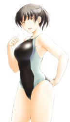 Rule 34 | 1girl, adjusting clothes, adjusting swimsuit, amagami, black eyes, black hair, breasts, breath, competition swimsuit, flying sweatdrops, hand on own hip, highres, large breasts, looking at viewer, one-piece swimsuit, open mouth, ponytail, sasaki akira (ugc), short hair, smile, solo, swimsuit, tsukahara hibiki