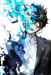 Rule 34 | 1boy, absurdres, amamiya ren, black hair, black jacket, blood, blood on face, blue fire, btmr game, fire, highres, jacket, male focus, open mouth, persona, persona 5, school uniform, shuujin academy school uniform, signature, simple background, solo, upper body, white background, yellow eyes