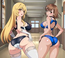 2girls alternate_breast_size ass black_buruma blonde_hair blue_buruma blush breasts brown_eyes brown_hair buruma butt_crack cameltoe commentary_request covered_erect_nipples curvy elbow_gloves flower from_behind frozen_gingasan gloves gym_uniform hair_ornament hallway highres indoors large_breasts long_hair looking_at_viewer looking_back medium_hair misaka_mikoto multiple_girls nipples open_mouth racerback shiny_skin shokuhou_misaki solo sparkling_eyes spider_web_print standing thick_thighs thighhighs thighs toaru_kagaku_no_railgun toaru_majutsu_no_index track_uniform white_gloves white_thighhighs