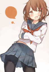 Rule 34 | &gt;:o, 10s, 1girl, :o, anchor, bad id, bad pixiv id, black pantyhose, brown eyes, brown hair, crossed arms, from below, hair ornament, hairclip, highres, ikazuchi (kancolle), kantai collection, kayahara, looking at viewer, md5 mismatch, open mouth, pantyhose, school uniform, serafuku, short hair, skirt, solo, tears, upskirt, v-shaped eyebrows