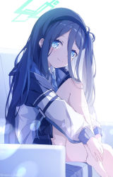 Rule 34 | 1girl, absurdres, aris (blue archive), bad id, bad twitter id, barefoot, black hair, black hairband, black skirt, blue archive, blue eyes, collared shirt, commentary request, hair between eyes, hairband, halo, head tilt, highres, jacket, knee up, light blush, long hair, long hair between eyes, long sleeves, looking at viewer, necktie, nemu no1, one side up, pleated skirt, shirt, sitting, skirt, smile, solo, very long hair, white shirt