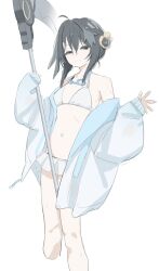 Rule 34 | 1girl, ahoge, arknights, bikini, bikini under clothes, black hair, breasts, closed mouth, cropped legs, goggles, goggles around neck, grey eyes, hair between eyes, hair bun, half-closed eyes, hands up, highres, holding, holding scythe, jacket, la pluma (arknights), la pluma (summer flowers) (arknights), long sleeves, looking at viewer, open clothes, open jacket, puffy long sleeves, puffy sleeves, scythe, shiwa (siwaa0419), simple background, single side bun, sleeves past wrists, small breasts, smile, solo, standing, swimsuit, white background, white bikini, white jacket