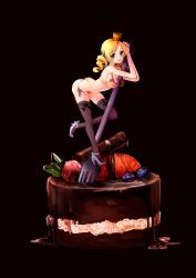 Rule 34 | 10s, 1girl, bent over, between breasts, black background, blonde hair, bra, breasts, cake, ch2o, crown, drill hair, food, fork, fruit, hair ornament, high heels, highres, interlocked fingers, lips, looking at viewer, mahou shoujo madoka magica, mahou shoujo madoka magica (anime), mini crown, mini person, minigirl, panties, person between breasts, smile, solo, strawberry, thighhighs, tomoe mami, twin drills, underwear, underwear only, yellow eyes