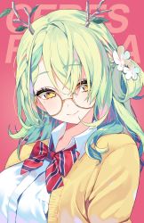 Rule 34 | 1girl, antlers, blouse, bow, bowtie, braid, braided bangs, cardigan, ceres fauna, character name, closed mouth, collared shirt, commentary, flower, glasses, green hair, hair flower, hair ornament, highres, hololive, hololive english, horns, long hair, looking at viewer, mole, mole under eye, official alternate costume, one side up, open cardigan, open clothes, parfait (ryunghu), red background, round eyewear, school uniform, shirt, single braid, smile, solo, striped bow, striped bowtie, striped clothes, upper body, virtual youtuber, white flower, white shirt, yellow cardigan, yellow eyes, yogurt (yott parfait)