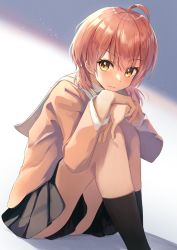 Rule 34 | 1girl, ahoge, arms on knees, black skirt, black socks, blush, brown eyes, closed mouth, clothing request, commentary request, feet out of frame, grey background, highres, kneehighs, knees up, koito yuu, long sleeves, looking at viewer, low twintails, medium hair, multicolored background, orange hair, school uniform, short twintails, sitting, skirt, socks, solo, suzushi moruto, twintails, white background, yagate kimi ni naru