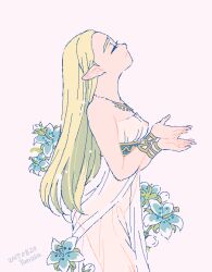 Rule 34 | 1girl, bare shoulders, blonde hair, blue flower, bracelet, cowboy shot, dated, dress, eyelashes, facing up, flower, from side, hands up, jewelry, long hair, mutsuki kaya, necklace, nintendo, nipples, no bra, no panties, parted bangs, pointy ears, princess zelda, profile, see-through, see-through dress, solo, strapless, strapless dress, the legend of zelda, the legend of zelda: breath of the wild, white background, white dress