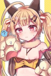 Rule 34 | 1girl, ?, absurdres, ahoge, animal ear fluff, animal ears, animal hands, armpits, azur lane, bad id, bad pixiv id, bare shoulders, blonde hair, blush, bow, breasts, cat paws, closed mouth, detached sleeves, eldridge (azur lane), eldridge (kitty idol) (azur lane), fortissimo, fur choker, fur collar, gloves, hair bow, hair ornament, highres, himeno ame, idol, jewelry, long hair, looking at viewer, musical note, musical note hair ornament, necklace, nipple slip, nipples, paw gloves, red eyes, simple background, small breasts, solo, twintails, upper body, wardrobe malfunction