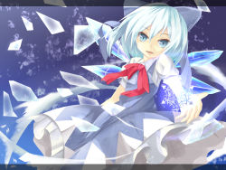 Rule 34 | 1girl, bad id, bad pixiv id, blue eyes, bow, cirno, dress, female focus, gradient background, hair bow, ice, looking at viewer, short hair, snowflakes, solo, touhou, wakame mi, wings