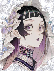 Rule 34 | 1girl, absurdres, black hair, blunt bangs, bug, butterfly, eyelashes, floral print, flower, gradient hair, headdress, highres, insect, jewelry, lipstick, long hair, looking at viewer, makeup, monocle, multicolored hair, necklace, original, parted lips, pink hair, portrait, purple eyes, purple flower, purple hair, purple lips, remon (10112), sidelocks, simple background, solo, white flower