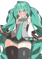 Rule 34 | 1girl, absurdres, aqua eyes, aqua hair, aqua necktie, aqua skirt, black sleeves, blush, breasts, bright pupils, c:, curvy, gluteal fold, good thighs day, grey shirt, hatsune miku, highres, long hair, miniskirt, necktie, shirt, skindentation, skirt, small breasts, smile, solo, sweat, sweatdrop, thick thighs, thighhighs, thighs, twintails, two-tone ribbon, uruti 2388, very long hair, vocaloid, white background, white pupils, wide hips, zettai ryouiki