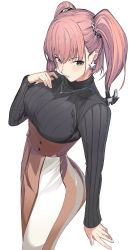 Rule 34 | 1girl, absurdres, atlanta (kancolle), black sweater, breasts, brown hair, brown skirt, earrings, from above, grey eyes, hair between eyes, hand to own mouth, high-waist skirt, highres, jewelry, kantai collection, large breasts, long hair, long sleeves, looking at viewer, mitsukoshi (department store), necklace, official alternate costume, oweee, parted lips, ribbed sweater, single earring, skirt, solo, star (symbol), star earrings, sweater, turtleneck, turtleneck sweater, two-tone skirt, two side up, white background, white skirt