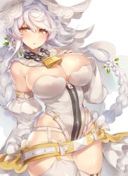 Rule 34 | 10s, 1girl, asymmetrical hair, bare shoulders, belt, belt buckle, blush, braid, breasts, bridal veil, buckle, chain, chain necklace, cleavage, cosplay, detached collar, detached sleeves, fate/extra, fate/extra ccc, fate (series), flower, garter straps, gloves, hair flower, hair ornament, hand on own chest, highleg, highleg leotard, hip focus, jewelry, jitome, kantai collection, large breasts, leaf, leotard, lock, long hair, looking at viewer, necklace, nero claudius (bride) (fate), nero claudius (bride) (second ascension) (fate), nero claudius (fate), nero claudius (fate) (all), open mouth, padlock, pokoten (pokoten718), puffy sleeves, saber bride, saber bride (cosplay), silver hair, simple background, single braid, solo, swept bangs, thighhighs, unryuu (kancolle), veil, very long hair, wavy hair, white background, white gloves, white leotard, white thighhighs, wide hips, yellow eyes, zipper, zipper pull tab