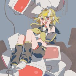 Rule 34 | 1girl, aqua eyes, bare shoulders, black sailor collar, black sleeves, blonde hair, bow, cable, chi ya, computer virus, corruption, crop top, detached sleeves, hair bow, hair ornament, hairclip, hands on own cheeks, hands on own face, headphones, junk, kagamine rin, leg warmers, midriff, monitor, narrow waist, navel, neckerchief, open mouth, red pupils, sailor collar, sailor shirt, shirt, shoes, short hair, shorts, sitting, sleeveless, sleeveless shirt, sneakers, solo, vocaloid, white bow, white footwear, wide sleeves, yellow neckerchief