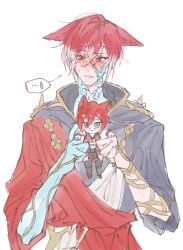 Rule 34 | ..., 1boy, animal ears, blush, cat ears, character doll, closed mouth, comedic sweatdrop, crystal exarch, doll, ears down, embarrassed, final fantasy, final fantasy xiv, g&#039;raha tia, heterochromia, holding, holding doll, looking at viewer, male focus, multicolored hair, red hair, robe, simple background, solo, spoken ellipsis, spoken sweatdrop, sweatdrop, tladpwl03, two-tone hair, white background, white hair