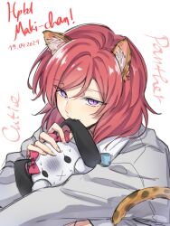 Rule 34 | 1girl, :x, biting, character name, dated, ear biting, eyes visible through hair, fangs, grey jacket, happy birthday, hashtag-only commentary, highres, jacket, kemonomimi mode, long hair, looking at viewer, love live!, love live! school idol project, nishikino maki, panther ears, panther tail, parted bangs, purple eyes, red hair, shirt, simple background, solo, stuffed animal, stuffed rabbit, stuffed toy, turn pale, upper body, white background, white shirt, zenma trang