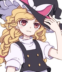 Rule 34 | 1girl, absurdres, black hat, black vest, blonde hair, blush stickers, braid, closed mouth, hat, highres, kame (kamepan44231), kirisame marisa, long hair, one-hour drawing challenge, red eyes, shirt, short sleeves, simple background, single braid, solo, touhou, unfinished dream of all living ghost, upper body, vest, white background, white shirt, witch hat