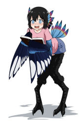 Rule 34 | animal ears, bird ears, bird legs, bird tail, bird wings, blouse, blue eyes, blue feathers, blue skirt, blush, book, claws, collarbone, cowfee, drooling, excited, feathers, full body, harpy, heart, heart-shaped pupils, highres, leaning forward, looking afar, magpie (naheila series), monster girl, naheila, open mouth, otakuevangelist, pen, pink shirt, shadow, shirt, short hair, simple background, skirt, symbol-shaped pupils, tail, white background, winged arms, wings, writing