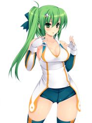 Rule 34 | 1girl, bare shoulders, beatmania, beatmania iidx, blush, bow, breasts, cleavage, collarbone, detached sleeves, female focus, fingerless gloves, fingernails, gloves, green eyes, green hair, hair bow, hair ornament, kinoshita ichi, kitami erika, large breasts, long hair, matching hair/eyes, parted lips, shiny clothes, short hair with long locks, short shorts, shorts, side ponytail, simple background, solo, standing, thighhighs, white background, white gloves