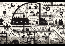 Rule 34 | aircraft, cat, crescent moon, hot air balloon, house, kamin, monochrome, moon, original, pixel art