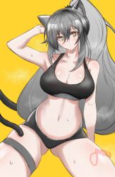 Rule 34 | 1girl, absurdres, animal ears, arknights, arm up, black shorts, blush, breasts, cat ears, cat girl, cat tail, cleavage, grey hair, hair between eyes, highres, large breasts, long hair, micro shorts, navel, ponytail, schwarz (arknights), shorts, signature, simple background, solo, stomach, sweat, tail, thigh strap, thighs, very long hair, yellow background, yellow eyes, yosua 0669