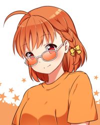 Rule 34 | 10s, 1girl, ahoge, blush, bow, braid, hair bow, kaxukin, looking at viewer, looking over eyewear, looking over glasses, love live!, love live! sunshine!!, orange-tinted eyewear, orange-tinted glasses, orange hair, orange shirt, red eyes, shirt, side braid, solo, star (symbol), starry background, sunglasses, t-shirt, takami chika, tinted eyewear, upper body, yellow bow