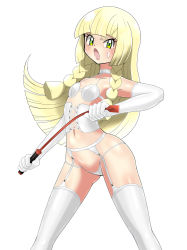 Rule 34 | 1girl, absurdres, angry, ass, blonde hair, blush, bra, braid, breasts, choker, corset, creatures (company), dominatrix, elbow gloves, game freak, garter straps, gloves, green eyes, highres, latex, latex bra, latex gloves, latex legwear, lillie (pokemon), lingerie, lips, long hair, navel, nintendo, panties, pokemon, pokemon sm, riding crop, shiny clothes, shiny skin, shoukin500, small breasts, sweat, thick thighs, thighhighs, thighs, thong, underwear, whip, white background, white bra, white corset, white gloves, white panties, white thighhighs