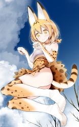 Rule 34 | 10s, 1girl, animal ears, ass, bad id, bad twitter id, bare shoulders, bare tree, blonde hair, blue sky, blush, bow, bowtie, breasts, clenched hands, closed mouth, cloud, cloudy sky, commentary request, covered erect nipples, day, elbow gloves, feet, from below, full body, gloves, highres, jumping, kemono friends, looking at viewer, medium breasts, multicolored clothes, multicolored gloves, multicolored legwear, no shoes, oouso, outdoors, paw pose, scan, serval (kemono friends), serval print, serval tail, shirt, short hair, skirt, sky, sleeveless, sleeveless shirt, smile, solo, tail, tareme, thighhighs, tree, upskirt, yellow eyes
