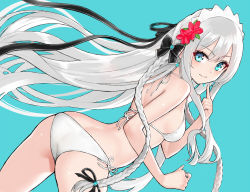 Rule 34 | 1girl, aqua background, aqua eyes, ass, bare arms, bare shoulders, bikini, black bow, black ribbon, blush, bow, braid, breasts, closed mouth, commentary request, dutch angle, flower, from behind, hair bow, hair flower, hair ornament, hair ribbon, halterneck, hiyashiru, index finger raised, jewelry, leaning forward, long hair, looking at viewer, looking back, original, pointing, pointing at self, red flower, ribbon, ring, side-tie bikini bottom, sideboob, silver hair, simple background, small breasts, smile, solo, straight hair, swimsuit, twin braids, very long hair, white bikini, white ribbon