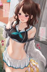 Rule 34 | 1girl, :d, bare shoulders, black shirt, blush, breasts, brown hair, cheerleader, cowboy shot, crop top, embarrassed, furrowed brow, groin, hair ornament, hairclip, half updo, hand up, highres, holding, jacket, long hair, looking away, medium breasts, microskirt, midriff, minato ojitan, navel, neckerchief, off shoulder, one side up, open clothes, open jacket, open mouth, original, pleated skirt, pom pom (cheerleading), purple eyes, sailor collar, school uniform, serafuku, shirt, skirt, sleeveless, sleeveless shirt, smile, solo, sound effects, standing, stomach, sweat, translation request, v-shaped eyebrows, white jacket, white skirt, x hair ornament