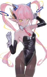 Rule 34 | 1girl, absurdres, borrowed character, bridal gauntlets, detached collar, gloves, hair ornament, highleg, highleg leotard, highres, leotard, long hair, looking at viewer, necktie, original, pantyhose, pink hair, pointy ears, saaal653, twintails, very long hair, white gloves, wrist cuffs, xenon (saaal653), yellow eyes