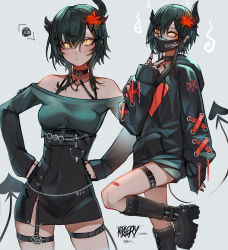 Rule 34 | 1girl, :/, artist name, asymmetrical horns, bandaid, bandaid on leg, belt, belt collar, black collar, black footwear, black hair, black jacket, black skirt, boots, chain, character name, collar, collarbone, commentary, cross hair ornament, demon tail, drawstring, ehrrr, english commentary, flower, grey background, hair between eyes, hair flower, hair ornament, hairclip, hands on own hips, high-waist skirt, highres, hitodama, hood, hood down, hooded jacket, horns, inward v, jacket, knee boots, long sleeves, looking at viewer, mask, misery-chan (ehrrr), mouth mask, multiple views, off-shoulder shirt, off shoulder, original, pentagram, platform footwear, pout, safety pin, shirt, short hair, side slit, simple background, skirt, sleeves past wrists, slit pupils, spoken squiggle, squiggle, tail, thigh belt, thigh strap, twitter username, uneven horns, x hair ornament, yellow eyes