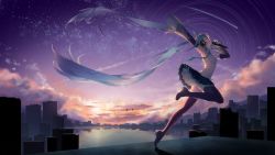 Rule 34 | absurdres, aqua hair, aqua necktie, armpits, black thighhighs, boots, closed eyes, detached sleeves, hair ornament, hatsune miku, headset, highres, holding, holding microphone, long hair, microphone, music, necktie, open mouth, scenery, shooting star, singing, sky, standing, standing on one leg, star (sky), starry sky, tataki worker, thigh boots, thighhighs, twintails, very long hair, vocaloid, wind
