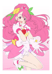 Rule 34 | 1girl, ankle boots, artist name, ascot, back bow, big hair, boots, bow, choker, commentary request, cure grace, dress, dress flower, earrings, flower, gloves, hair flower, hair ornament, hanadera nodoka, healin&#039; good precure, heart, heart hair ornament, highres, jacket, jewelry, kazuma muramasa, leaf earrings, leaf hair ornament, leg up, long hair, looking at viewer, magical girl, open mouth, partial commentary, pink bow, pink choker, pink dress, pink eyes, pink footwear, pink hair, pink jacket, precure, puffy short sleeves, puffy sleeves, reaching, reaching towards viewer, red flower, red rose, rose, short dress, short sleeves, signature, smile, solo, standing, standing on one leg, tiara, white gloves, yellow ascot, yellow flower