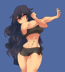 Rule 34 | 1girl, abs, black hair, blue background, centurii-chan (artist), clenched hand, commentary, english commentary, closed eyes, highres, long hair, messy hair, muscular, muscular female, original, shorts, simple background, smile, solo, sports bra, stretching, very long hair