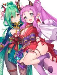 Rule 34 | 2girls, black eyes, braid, braided hair rings, breasts, character request, closed mouth, earrings, fang, flower knot, green hair, hair between eyes, hair rings, highres, hikimayu, horns, indie virtual youtuber, jewelry, large breasts, long hair, looking at viewer, medium breasts, multiple girls, open mouth, pantyhose, pink hair, pointy ears, ponytail, shuri (84k), single leg pantyhose, single thighhigh, skin fang, skindentation, smile, thick eyebrows, thigh strap, thighhighs, twitter username, virtual youtuber, yellow eyes
