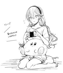 Rule 34 | 1girl, alternate costume, barefoot, blush, closed mouth, collarbone, corrin (fire emblem), eyelashes, feet, fire emblem, fire emblem fates, full body, hair between eyes, hairband, holding, kirby, kirby (series), legs, long hair, nintendo, on ground, pillow, roroichi, shirt, short shorts, short sleeves, shorts, sidelocks, simple background, sitting, super smash bros., t-shirt, thighs, toes, translation request, wariza