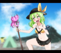 Rule 34 | 1girl, :d, bikini, bikini skirt, bikini top only, blush, bow, breasts, cleavage, front-tie top, green eyes, green hair, harpoon, hat, hat bow, komeiji koishi, laughing, letterboxed, matching hair/eyes, navel, octopus, open mouth, pointing, smile, solo, swimsuit, takorice, touhou, trider g7
