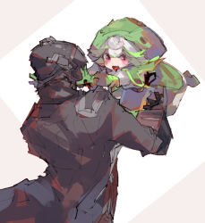 Rule 34 | 1boy, 1girl, arms up, black coat, black headwear, blush, bondrewd, chikichi, child, coat, colored inner hair, eye contact, from behind, full body, gloves, green footwear, green gloves, green hair, green headwear, grey hair, hands up, happy, hat, helmet, jumping, long sleeves, looking at another, made in abyss, multicolored hair, open mouth, outstretched arms, prushka, red eyes, short hair, simple background, sketch, smile, standing, trench coat, two-tone background, two-tone hair, upper body, white background