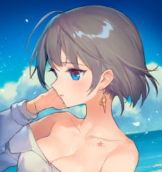 Rule 34 | 1girl, ahoge, ainy, artist name, bare shoulders, blue eyes, blue sky, blush, breasts, chest tattoo, cleavage, cloud, collarbone, commentary request, day, earrings, grey hair, grey shirt, hand up, jewelry, long sleeves, medium breasts, off-shoulder shirt, off shoulder, original, outdoors, parted lips, shirt, short hair, sky, solo, star tattoo, tattoo, twitter username, upper body