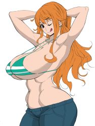 Rule 34 | 1girl, armpits, bonten, breasts, colorized, earrings, highres, huge breasts, jewelry, nami (one piece), one piece, orange hair, simple background, solo, tagme, third-party edit, tongue, tongue out, white background