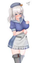 Rule 34 | 1girl, absurdres, apron, beret, black hat, blue eyes, blue sailor collar, blue serafuku, blue skirt, breasts, chougei (kancolle), chougei (kancolle) (cosplay), cosplay, dated, grey thighhighs, hat, highres, kantai collection, kashima (kancolle), large breasts, maru (marg0613), pleated skirt, sailor collar, school uniform, serafuku, sidelocks, silver hair, simple background, skirt, solo, thighhighs, twintails, twitter username, waist apron, wavy hair, white apron, white background