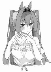 Rule 34 | 1girl, animal ears, bare shoulders, blush, breasts, camisole, cleavage, closed mouth, collarbone, commentary request, cropped torso, daiwa scarlet (umamusume), greyscale, hair between eyes, hair intakes, hands up, heart, heart hands, highres, horse ears, long hair, looking at viewer, medium breasts, monochrome, simple background, solo, techi (siro-white 0803), twintails, umamusume, upper body, very long hair, white background